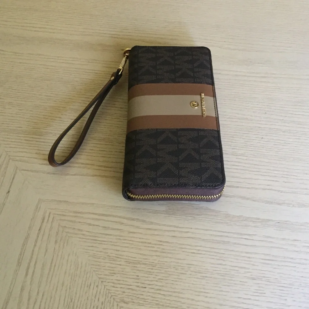 Michael Kors Center Stripe Brown Wallet, Wristlet